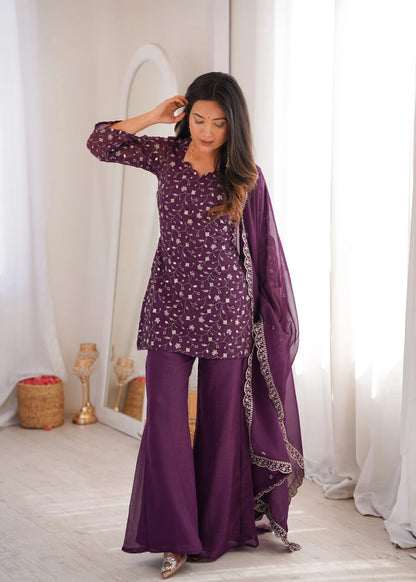 Dusty Mauve Color Crunchy Silk Embroidered Plazzo Suit